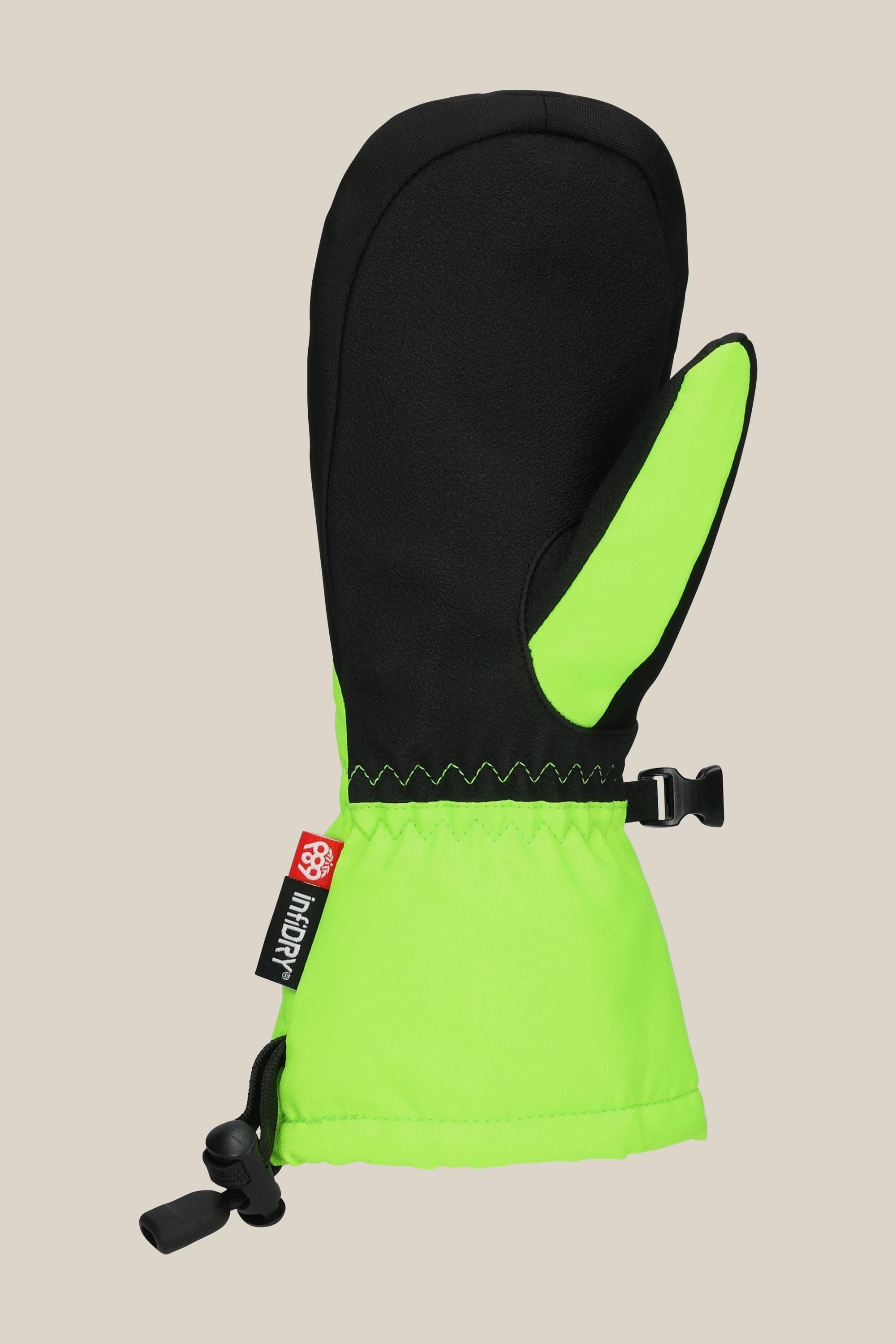 The 686 Youth Heat Mitt by 686, a green and black insulated mitten with wrist strap, zigzag stitching, and side clip—ideal for winter wear—is shown against a plain light beige background.