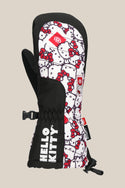 The 686 Youth Heat Mitt by 686 features a black and white Hello Kitty face pattern with red bows, a red tag, adjustable wrist strap, and bold HELLO KITTY text—stylish winter accessories to keep hands warm.