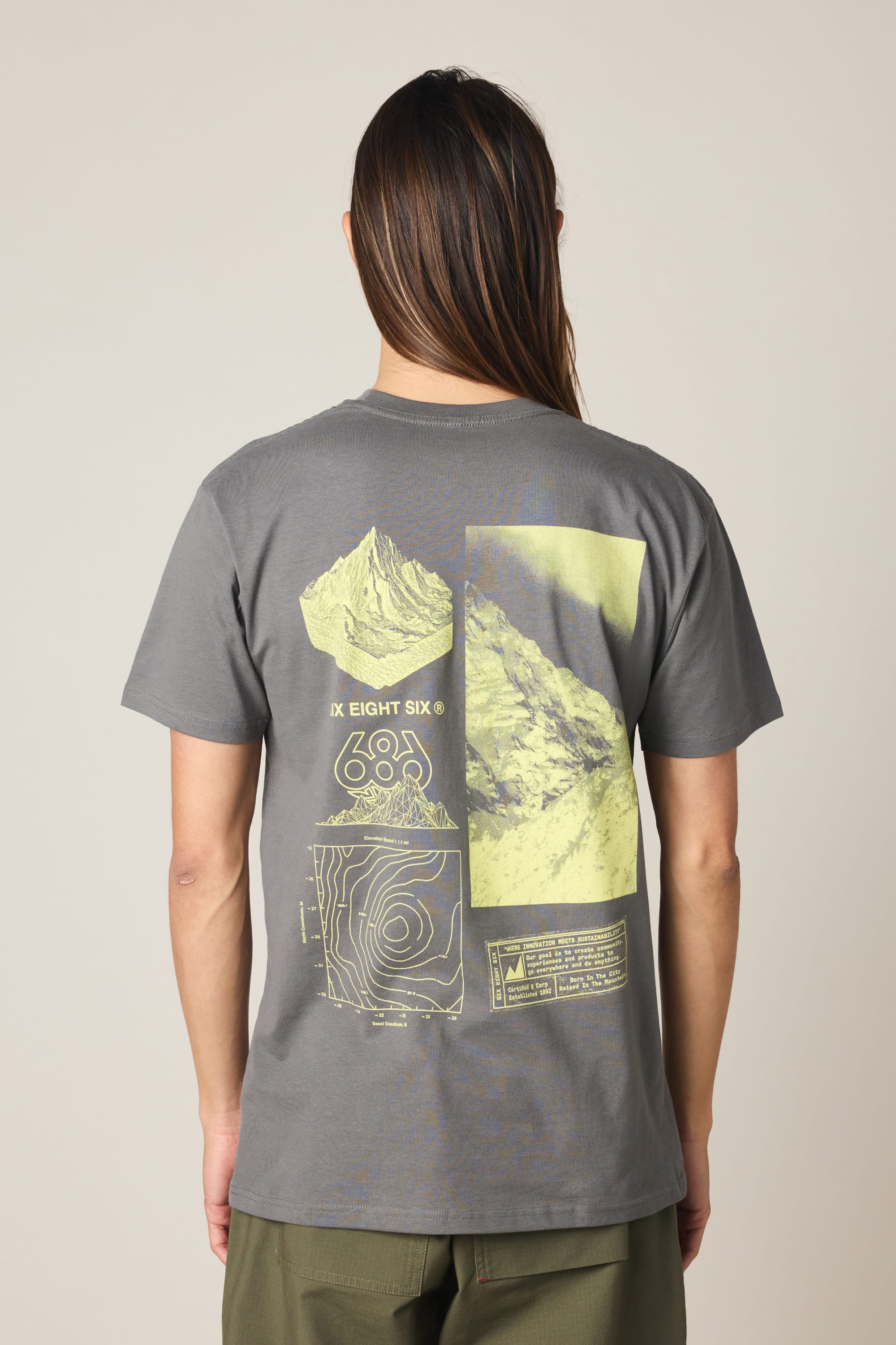 A person with long brown hair, seen from behind, wears the 686 Cross-Cut Authentic S/S Tee in gray with yellow mountain graphics and "EIGHT SIX 686" text. The background is plain and neutral. Brand: 686.