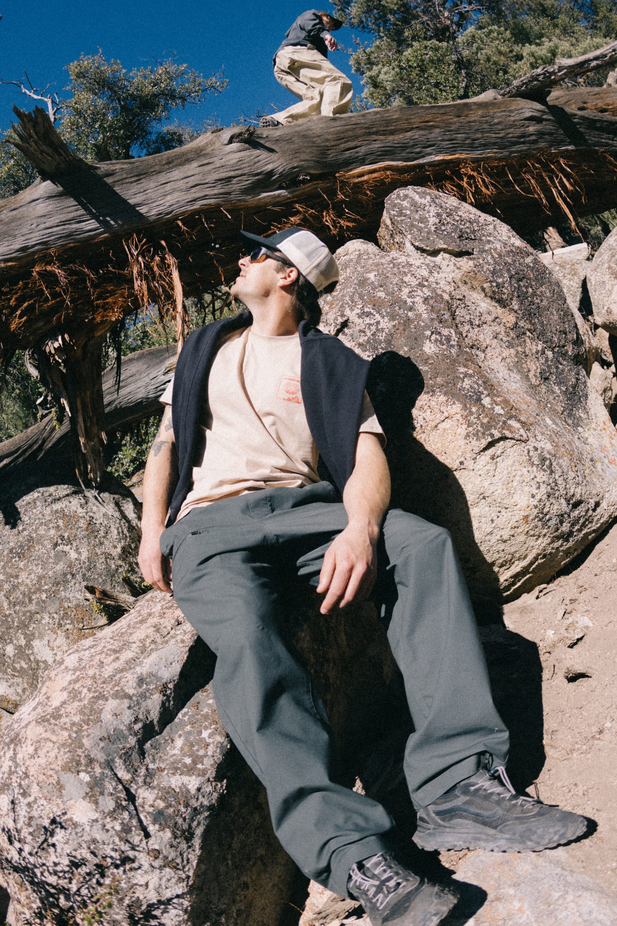 A man in sunglasses and a cap, wearing the 686 Cross-Cut Authentic S/S Tee by 686, sits on rocks and looks up at another person standing on a large fallen tree above him in a sunny outdoor setting.