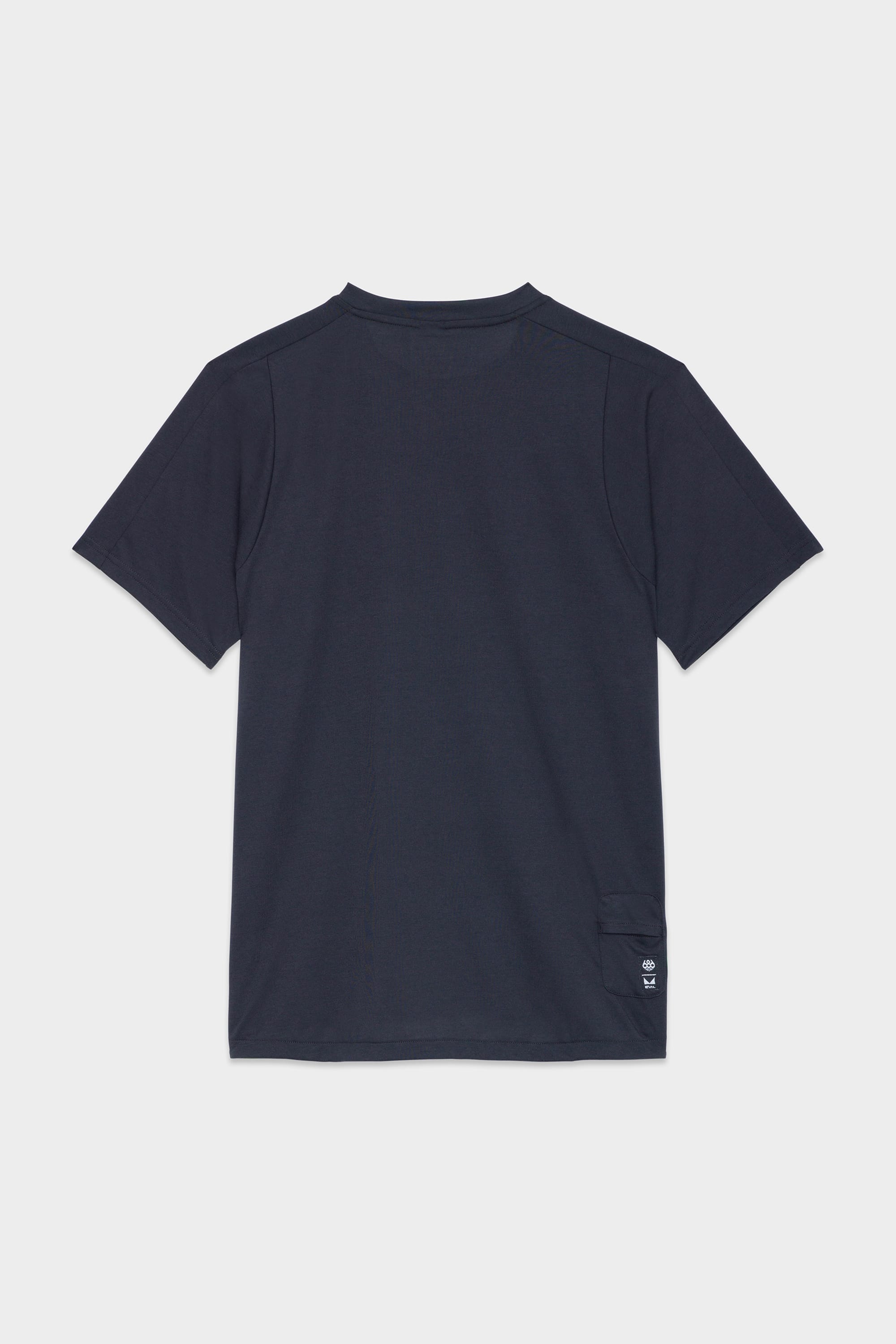 Back view of the 686 Mens Rival Short Sleeve Bike Jersey in dark navy, featuring a small patch and logo near the bottom right hem, displayed on a white background.