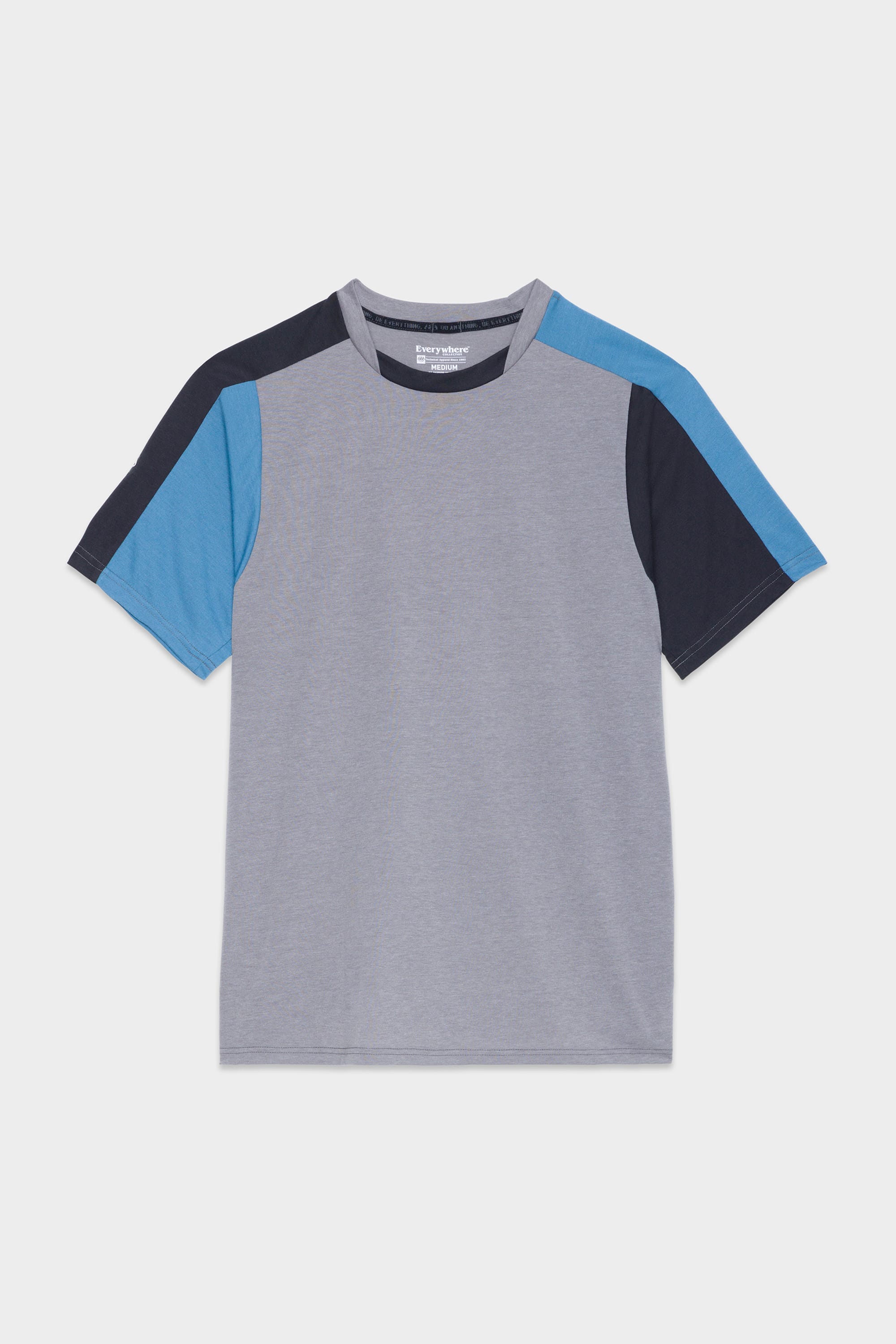 The 686 Mens Rival Short Sleeve Bike Jersey by 686 features a gray body, dark navy right sleeve, light blue left sleeve, and blue shoulder panels, shown on a plain white background.