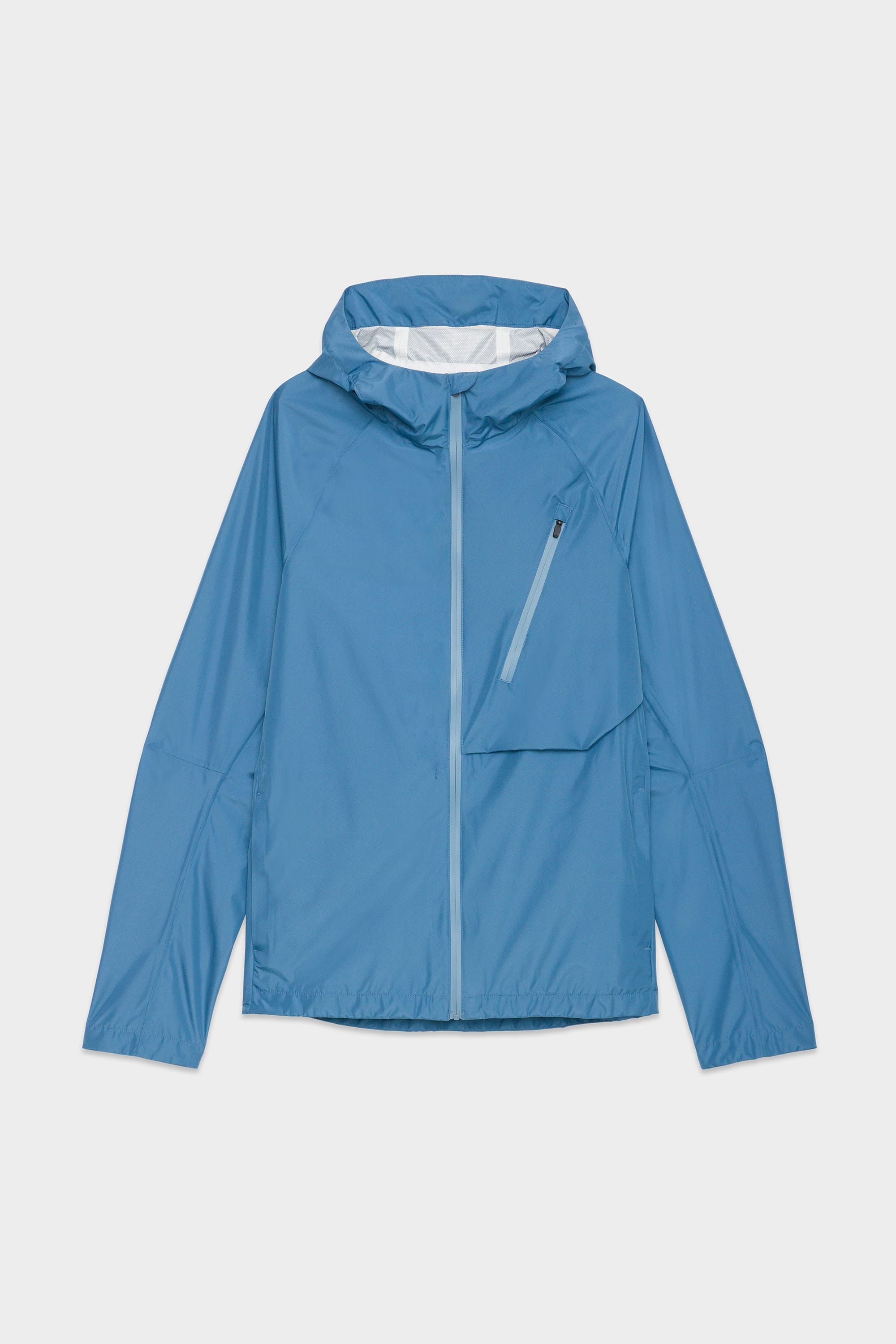 The 686 Men's Hydra™ 2.5L All-Weather Jacket by 686 features a light blue color, hood, front zipper, long sleeves, and a zippered chest pocket on the left side, shown against a plain white background.
