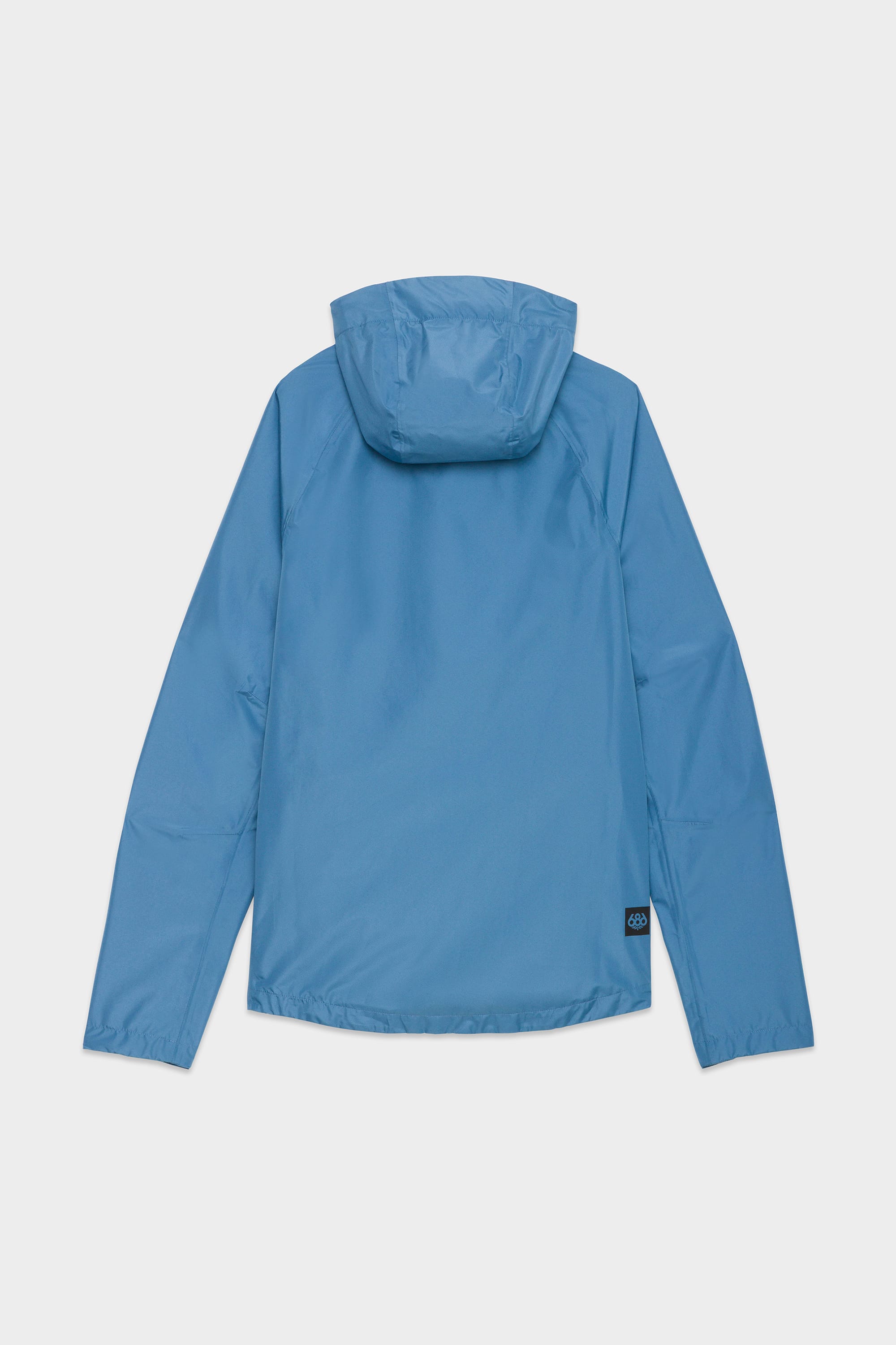 The 686 Men's Hydra™ 2.5L All-Weather Jacket in light blue is shown flat on a white surface, displaying the back view with long sleeves and a small black 686 logo tag near the bottom hem.