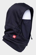 The 686 Patriot Bonded Hood by 686 is a black, lightweight hooded balaclava with adjustable drawstrings and a small red logo patch, ideal for use under a helmet. Shown on a white mannequin head against a plain background.