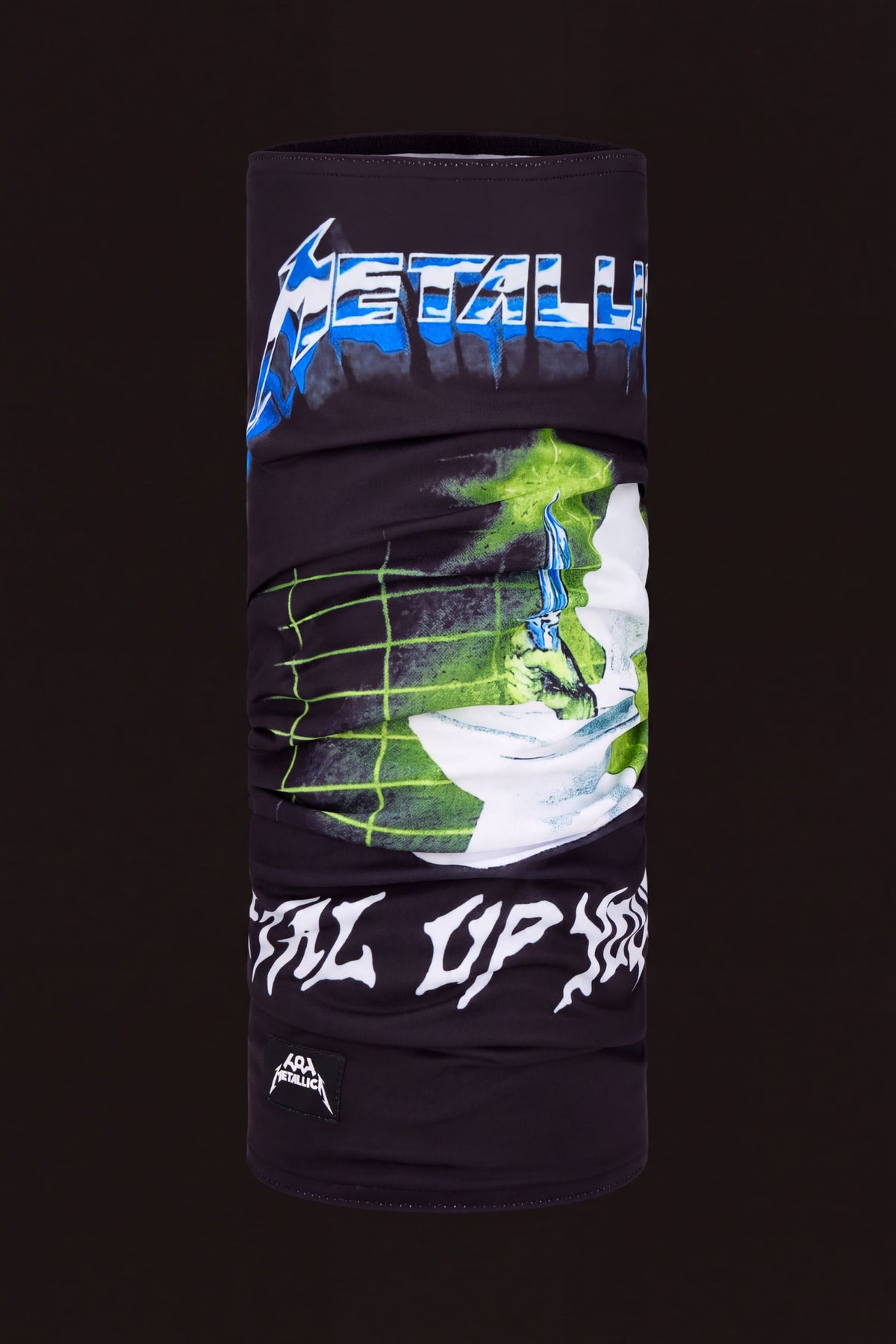 686 Double Layer Face Warmer in black, featuring the Metallica logo, a graphic of a toilet, and the text METAL UP YOUR ASS.