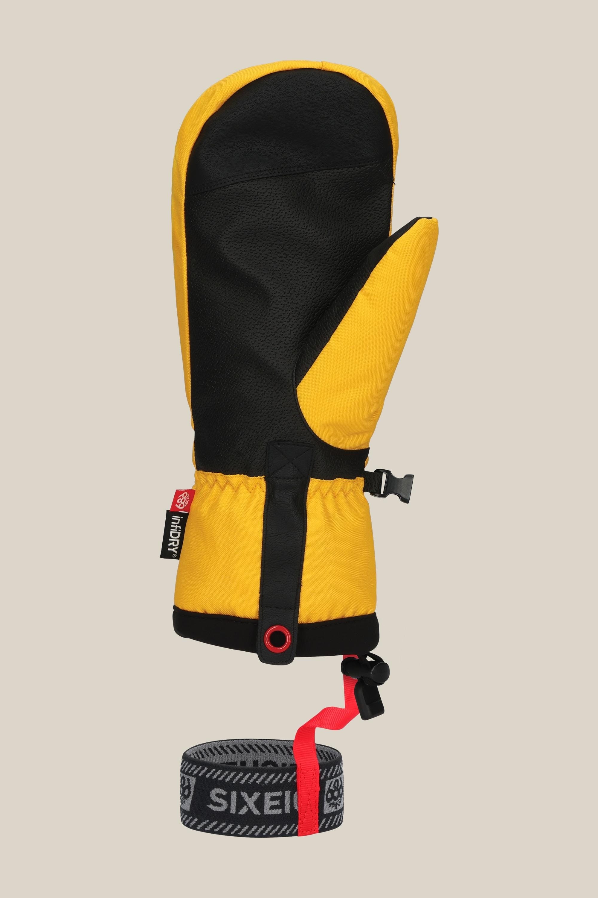 The 686 Mens Team Merino Mitt by 686 is an insulated yellow and black mitt with internal finger separation for warmth, a gray wrist strap with red ribbon and SIXEIGHT text, shown on a plain beige background.