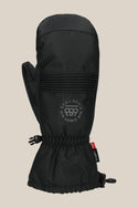 The 686 Lander™ Mitt by 686 is a black waterproof mitt with a cinched wrist, subtle stitched details, round “SKI RIGHTS SINCE 1936” logo on the back, light insulation, red side tag, and a black clip near the cuff.