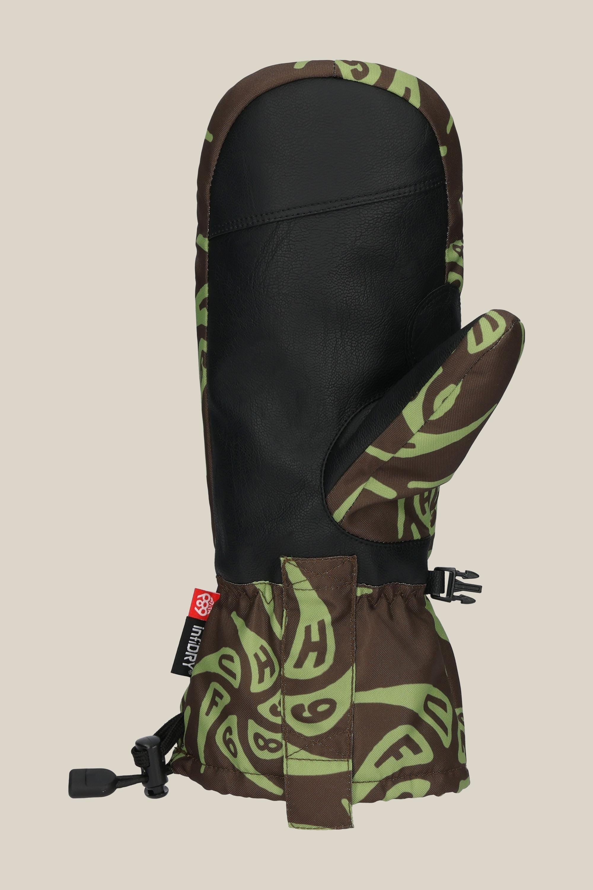 The 686 Lander™ Mitt by 686 is a single waterproof mitt with light insulation, black leather palm and thumb, brown and green patterned back and cuff, adjustable strap, Soundtouch tech, and a cinch cord at the wrist.