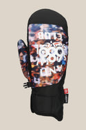 The 686 Mens Primer Mitt by 686 is a colorful snowboard mitt with blurred text, the word CLUB, an abstract logo, a reinforced black palm and thumb, and a small red branded tag near the wrist.
