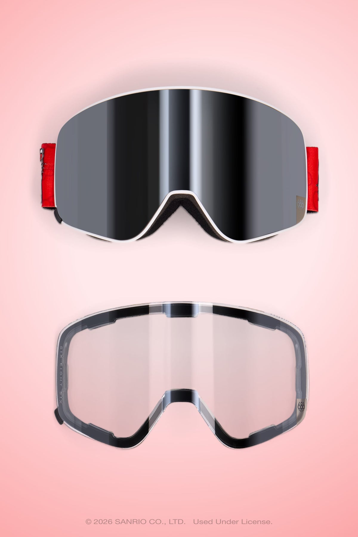 Two pairs of 686 SMARTY® Magnetic Goggles by 686 are displayed on a pink background: the top pair features a mirrored lens with a red strap, while the bottom pair offers full-lens vision with a clear lens and black trim.