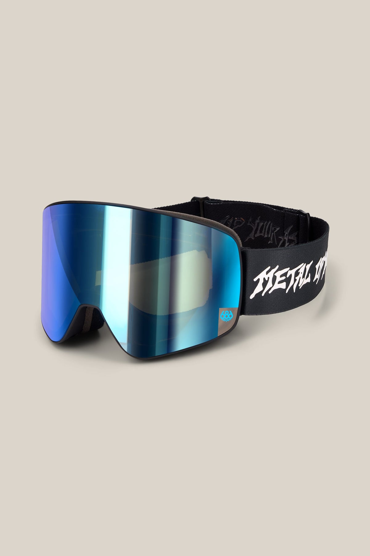 686 SMARTY® Magnetic Goggle with a reflective blue lens and an oversized black strap featuring white graphic lettering.