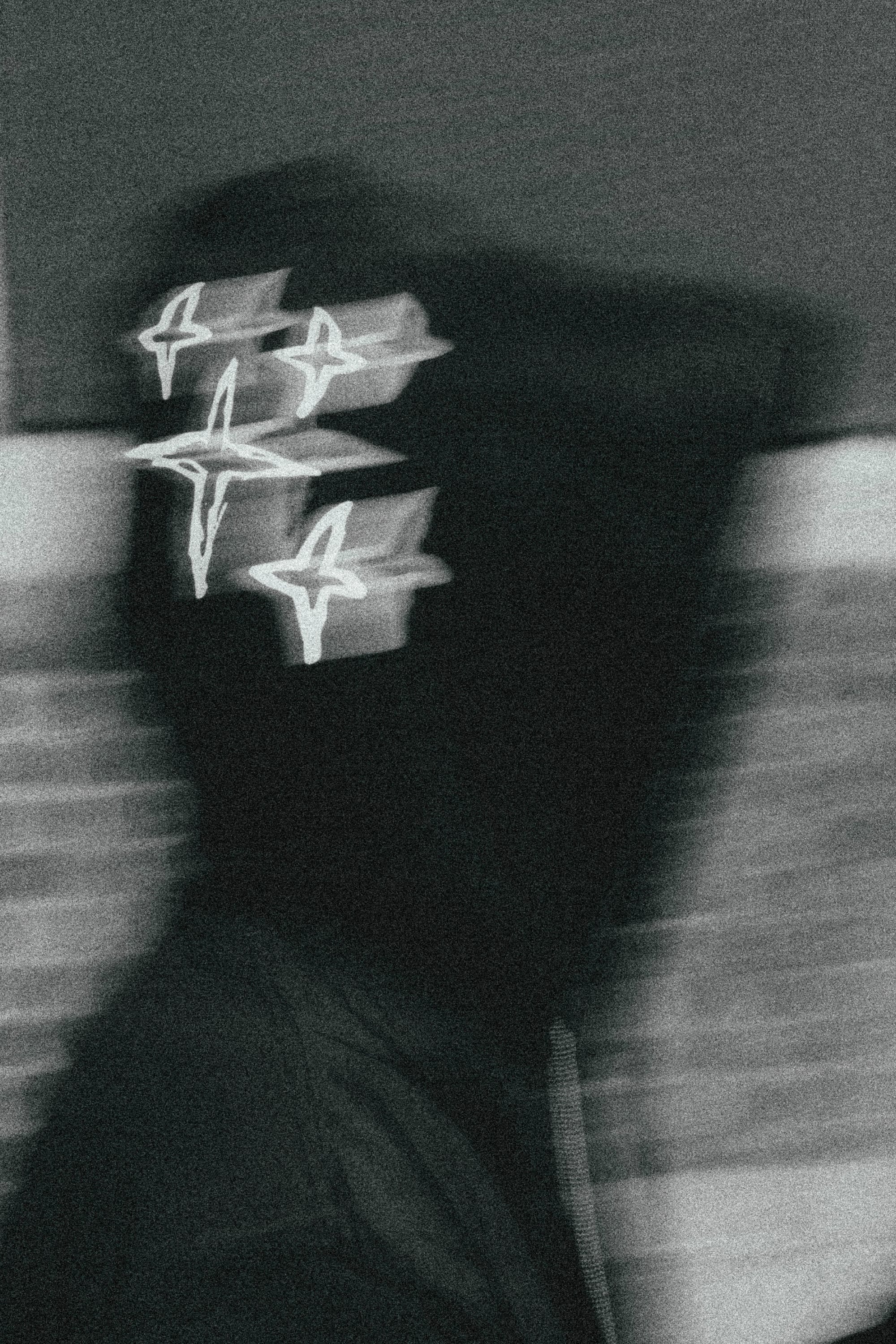 A blurry grayscale photo shows a person in the 686 Mens Waterproof Team Hoody, with four sketch-like white birds over their head for an abstract, surreal effect. A brick wall forms the background.
