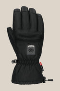 The 686 Lander™ Glove by 686 is a black insulated mitt featuring a fabric logo patch on the back, ribbed knuckle detail, adjustable wrist strap, and cuff pull cord. The glove is shown palm-down on a plain beige background.