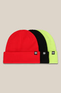 The 686 Standard Roll-Up Beanie (3-Pack) by 686 includes red, black, and neon yellow beanies with folded brims and a front logo tag—perfect for a stylish everyday look. Add this must-have set to your wardrobe!.