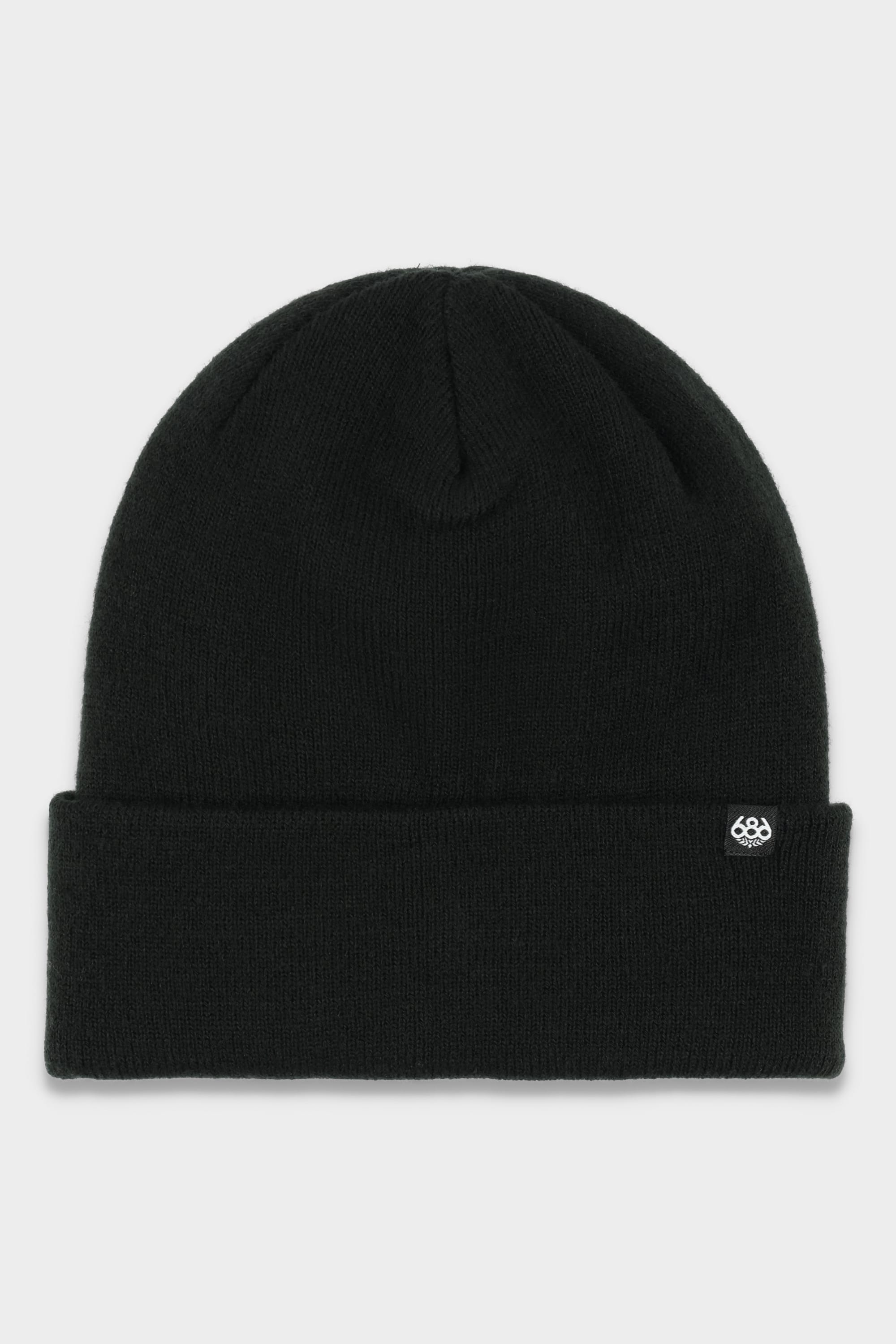 The 686 Standard Roll Up Beanie by 686 is a black knit hat featuring a folded cuff and a small white logo tag on the front right side, shown against a light gray background.