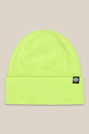 The 686 Standard Roll Up Beanie by 686 is a neon yellow knit hat with a folded cuff, featuring a small black rectangular tag with a white logo on the cuff’s edge, shown against a light beige background.