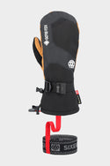 The 686 Men's GORE-TEX Leather Linear™ Mitt is a black and brown men's mitt with a GORE-TEX logo, adjustable wrist strap, reinforced leather palm, polyester-spandex blend, black/red SIX EIGHT SIX elastic leash, and gear loop.
