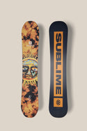Two 686 Sublime Outerspace Living Snowboards are shown side by side: one displays sun and face artwork on a tie-dye background, while the other is solid black with "SUBLIME" in bold orange letters down the center.