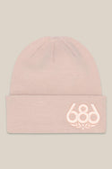 The 686 Big Logo Embroidered Beanie is a light pink acrylic knit hat with a folded brim and tonal embroidered 686 logo on the front—an ideal mens accessory for adding subtle style to any outfit.