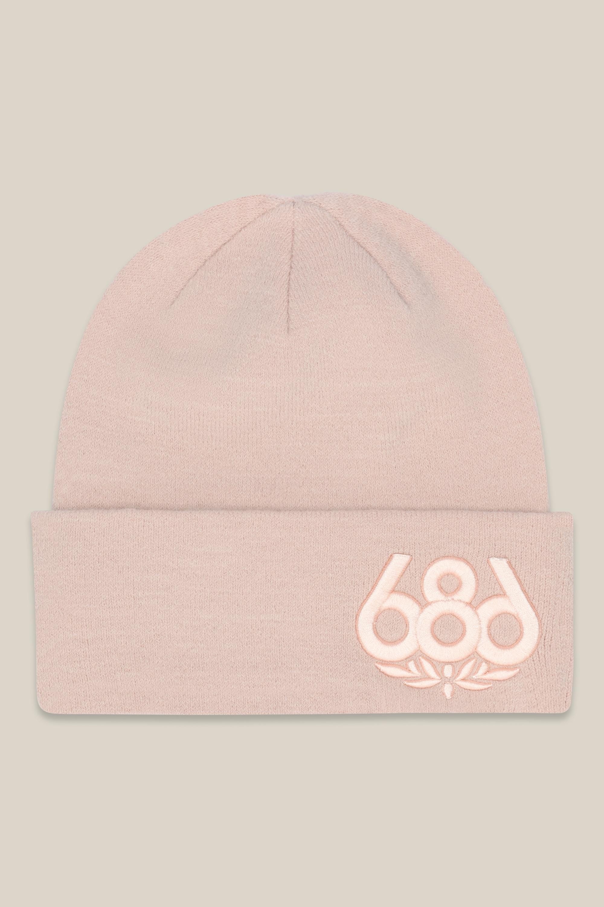 The 686 Big Logo Embroidered Beanie is a light pink acrylic knit hat with a folded brim and tonal embroidered 686 logo on the front—an ideal mens accessory for adding subtle style to any outfit.