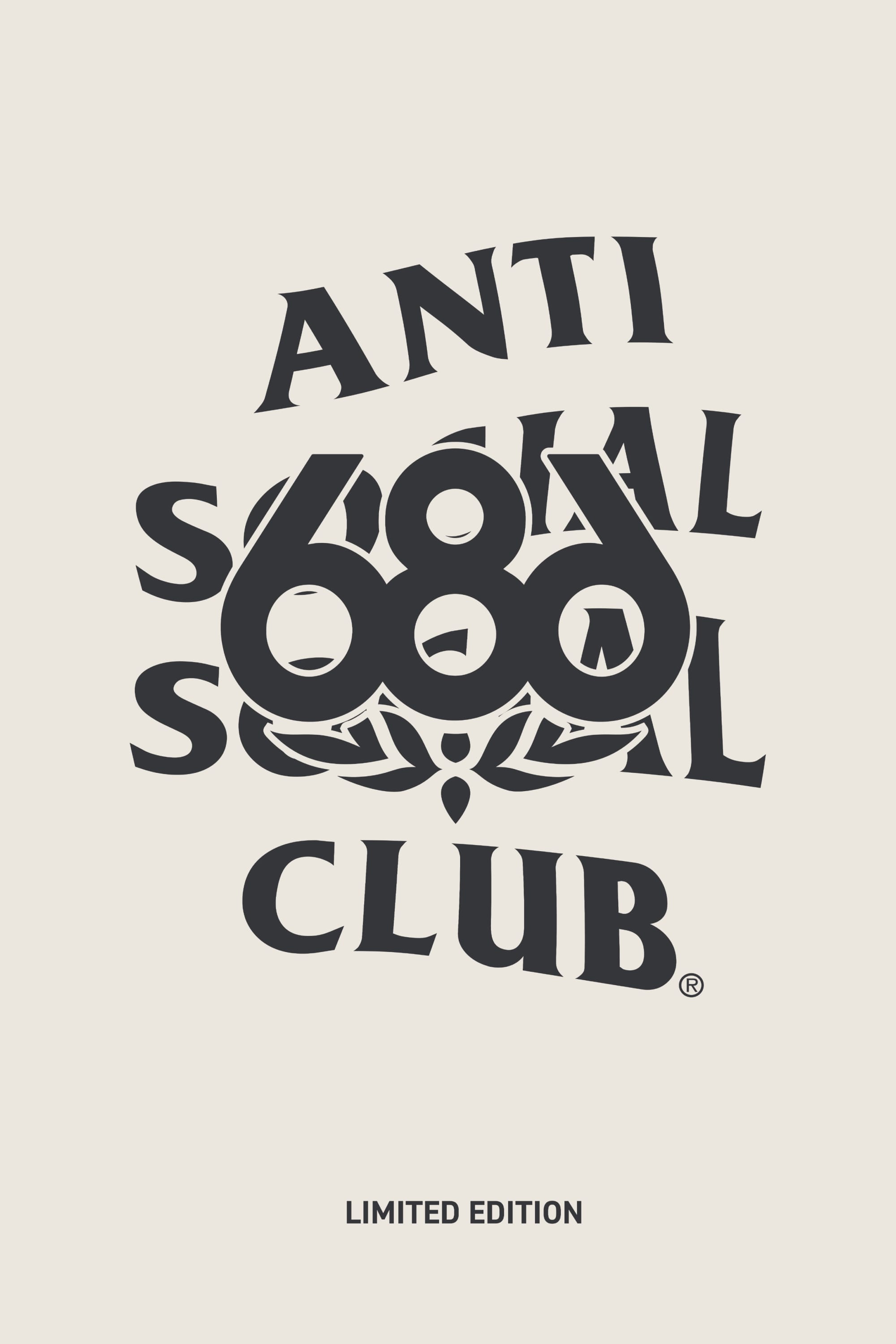 Bold, overlapping black text reads “ANTI SOCIAL SOCIAL CLUB” with the 686 logo in the center, all on a beige background of the 686 Men's ASSC F1 Waterproof Team Hoody. “LIMITED EDITION” appears below in smaller lettering.