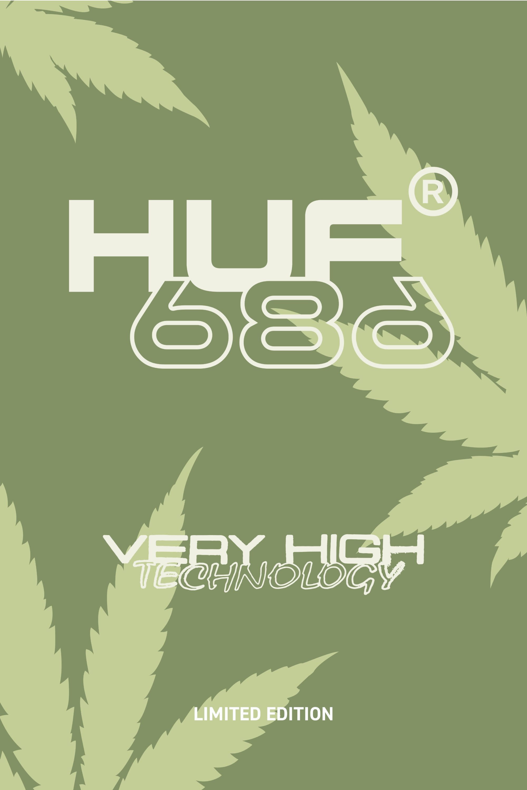 Green poster with pale green cannabis leaves and bold HUF 680 plus VERY HIGH TECHNOLOGY. At the bottom, a LIMITED EDITION 686 Mens HUF Fleece Crewneck by 686 is featured in stylized fonts.