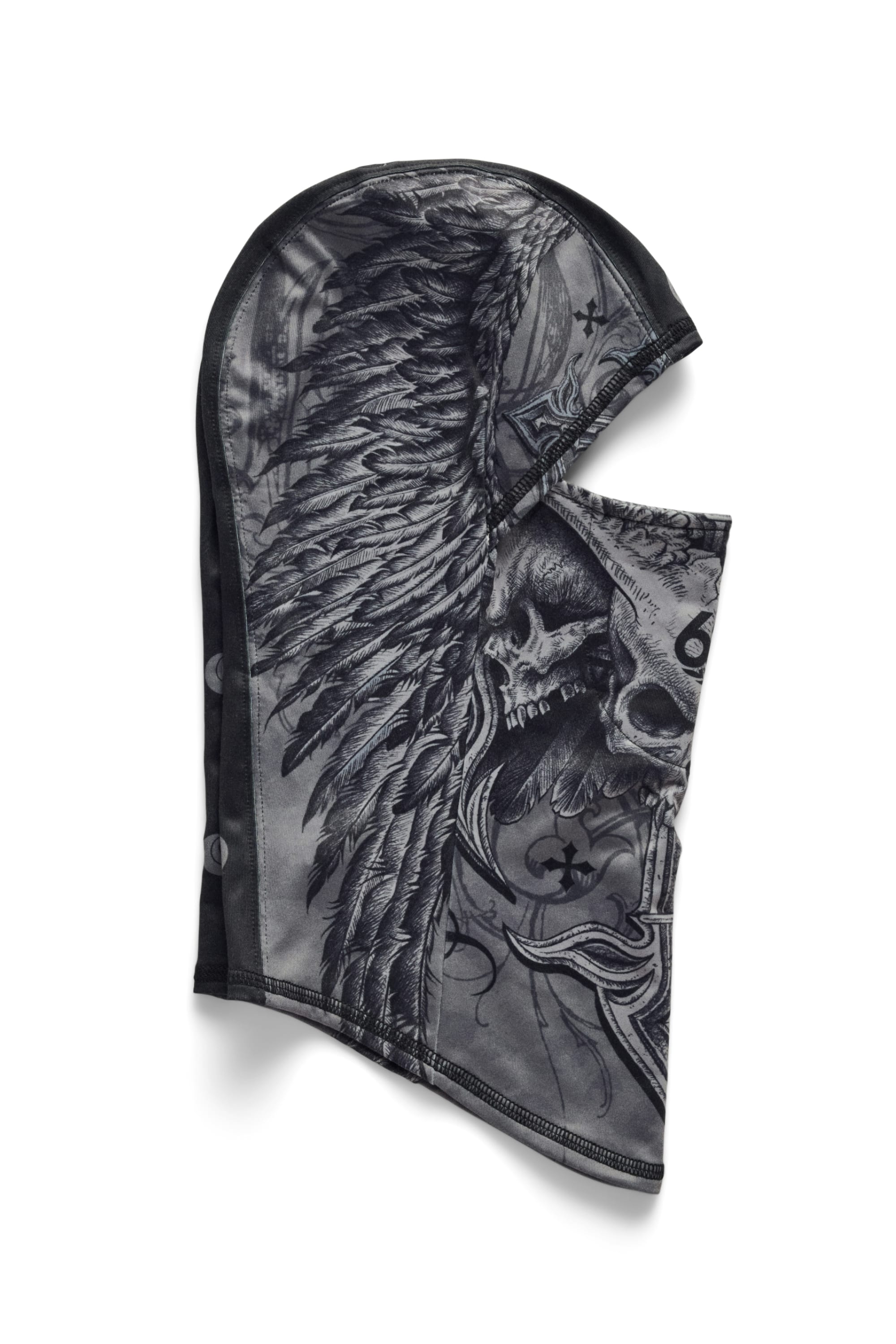 The 686 Affliction Hurra Hinged Balaclava by 686 is a black polyester facemask with detailed grayscale skull, angel wing, and ornate artwork, shown on a white background.