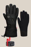 Two black 686 Men's GORE-TEX SMARTY® 3-In-1 Gauntlet Gloves are shown: one thick, insulated GORE-TEX glove with a strap and one thinner PU liner. A red wrist strap with “SIXEIGHT” branding is also visible at the bottom.