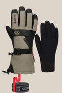 The 686 Men's GORE-TEX SMARTY® 3-In-1 Gauntlet Glove includes a tan and black waterproof glove with PU-reinforced fingers, wrist strap, and gray/red SIXEIGHT SIX leash, plus a thin black poly liner. Brand: 686.