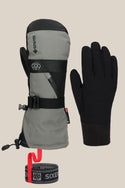 The 686 Men's GORE-TEX SMARTY® 3-In-1 Gauntlet Mitt, featuring grey and black colors, an adjustable strap, a separate black liner glove, and a coiled grey leash with red tab, is shown against a plain beige background.