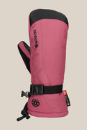 The 686 Women's GORE-TEX Linear™ Mitt, in pink with black PU accents, features an adjustable wrist strap and the 686 logo near the cuff, shown on a neutral background.