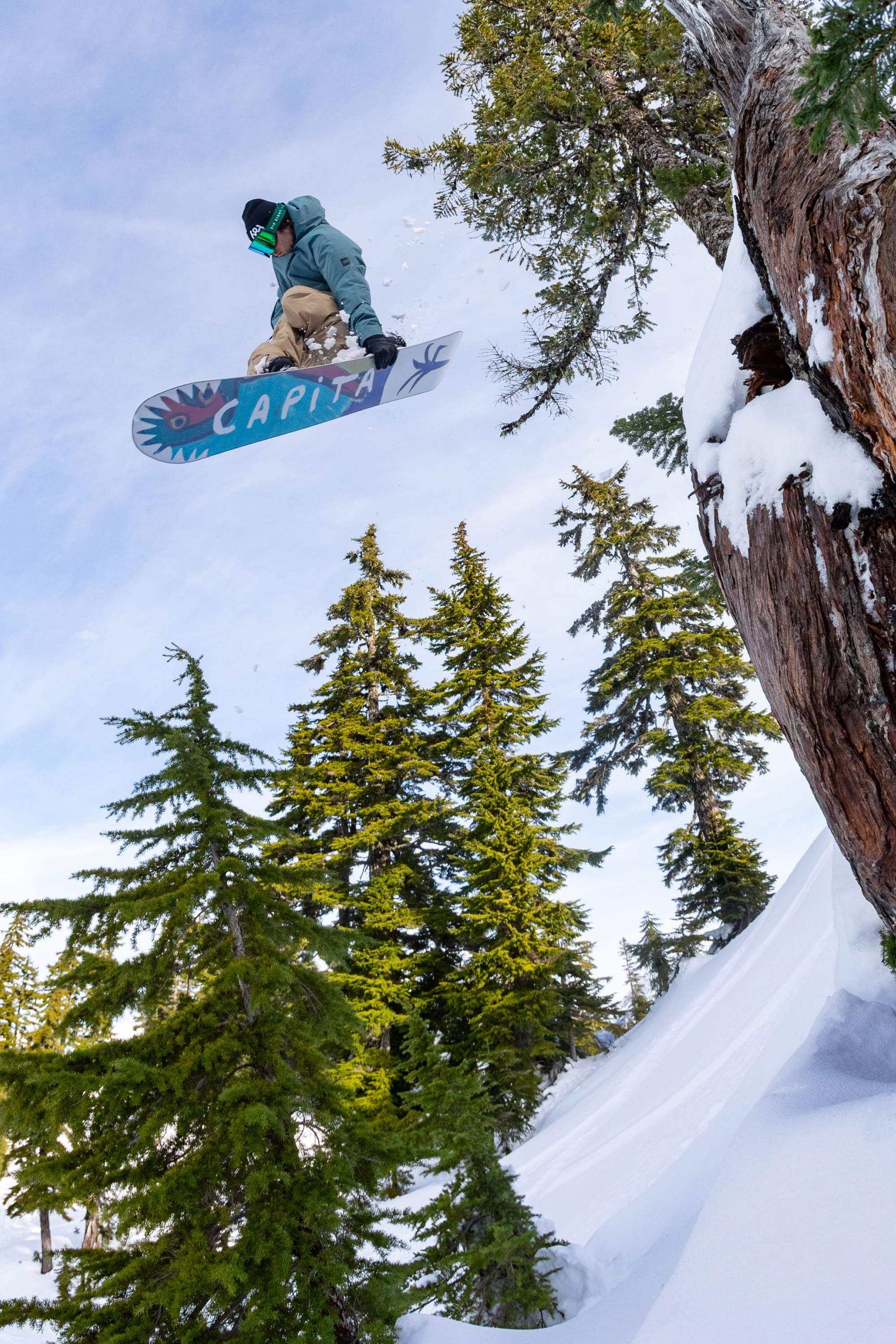 A snowboarder wearing goggles, a green jacket, and the 686 Men’s Lockup™ Shell Bib soars above evergreen trees, performing a high jump off a snowy slope on a bright winter day.