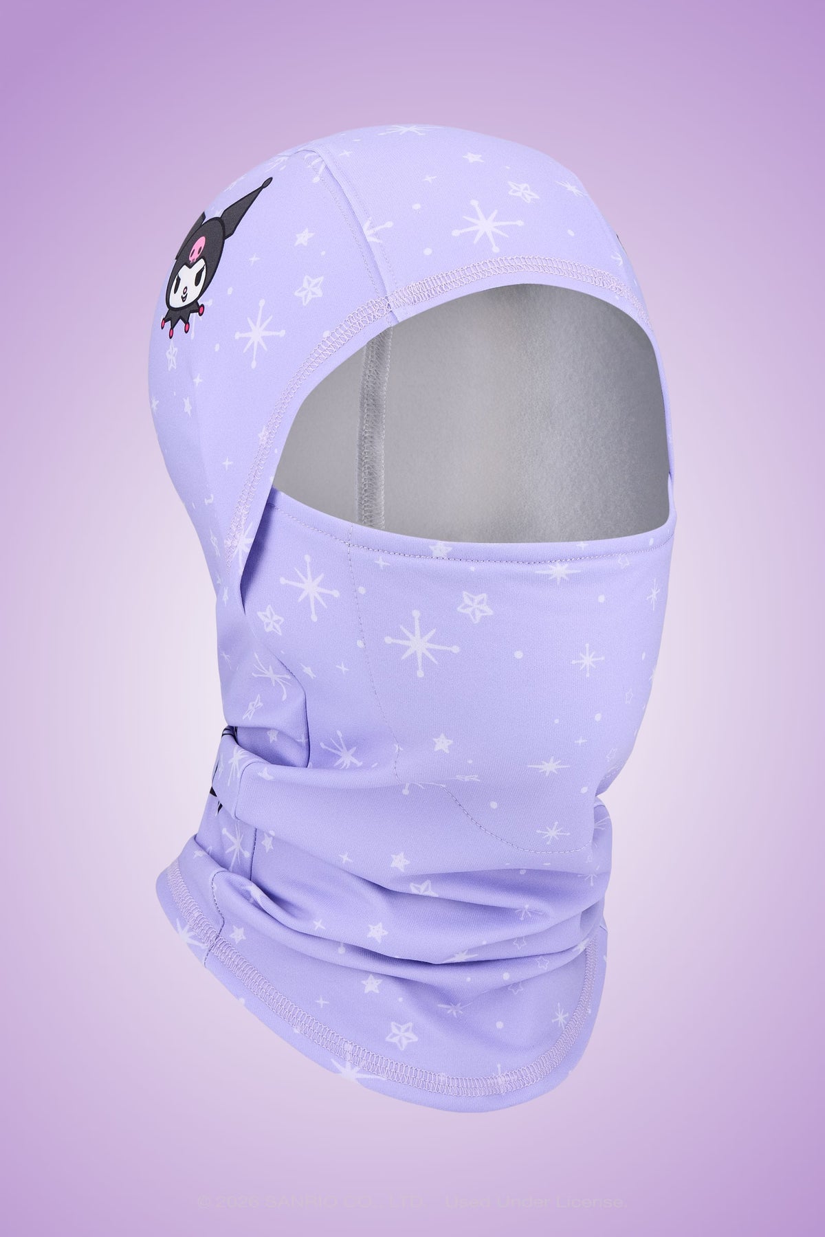 The 686 Hurra Hinged Balaclava by 686 features a lavender color with white star patterns and a small cartoon character on the side, showcased against a plain purple gradient background.