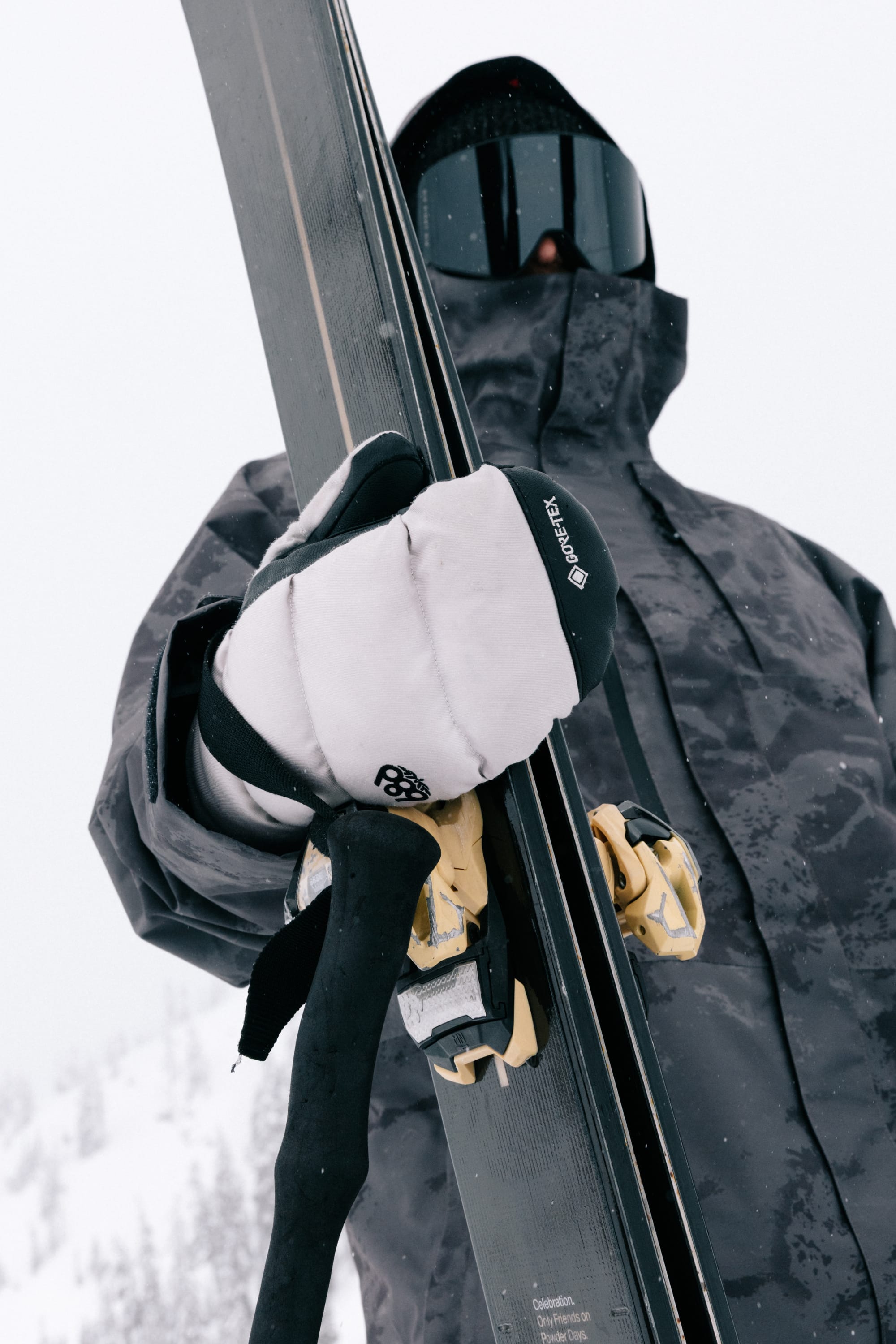 A person wearing a dark ski jacket, Men’s GORE-TEX® Buffer Insulated Mitts by 686, and ski goggles holds skis upright amid snowy, mountainous terrain with visible snow on the ground and distant trees in the background.