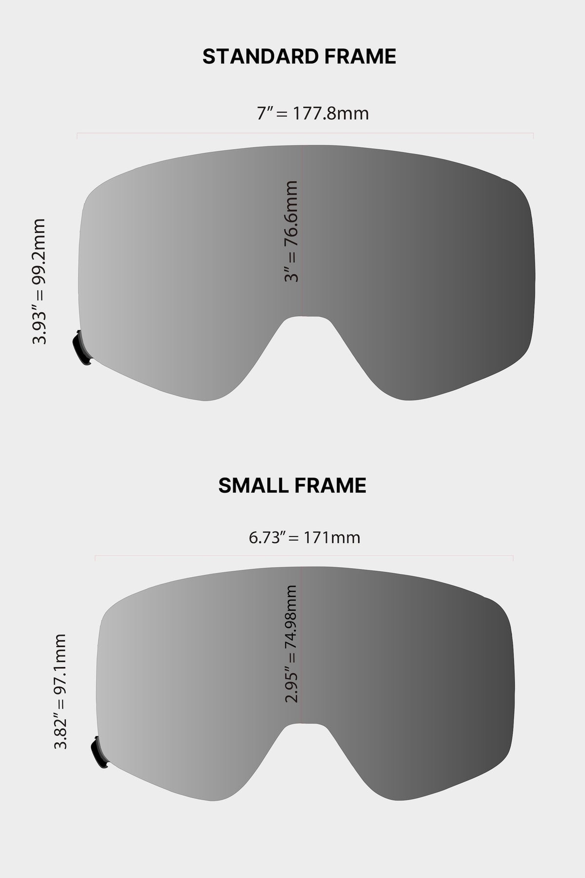 Diagram showing dimensions for the 686 SMARTY® Magnetic Goggle - Small, including height and width measurements in inches and millimeters for standard and small frames.