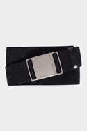 The 686 Westwell Clicker Stretch Belt by 686 is a black fabric belt with a matte silver rectangular buckle and a single metal fastener near the end, shown against a light gray background.