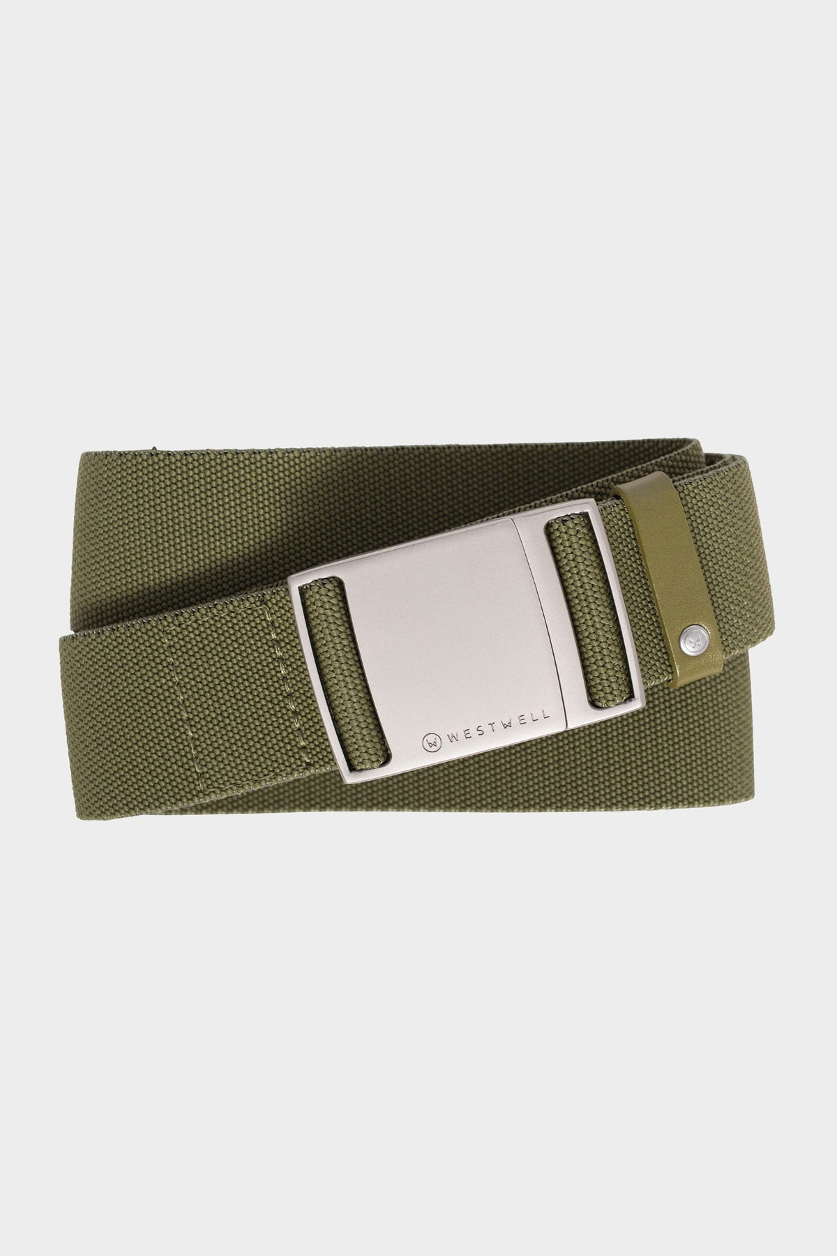 The 686 Westwell Clicker Stretch Belt is an olive green fabric belt with a durable texture, a single metal rivet near the end, and a rectangular silver buckle stamped with the 686 brand name.