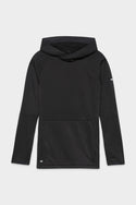 The 686 Women's Mission Gridª Fleece Hoody by 686 is a black, long-sleeve pullover featuring a hood, front kangaroo pocket, and subtle textured pattern, shown on a plain white background.