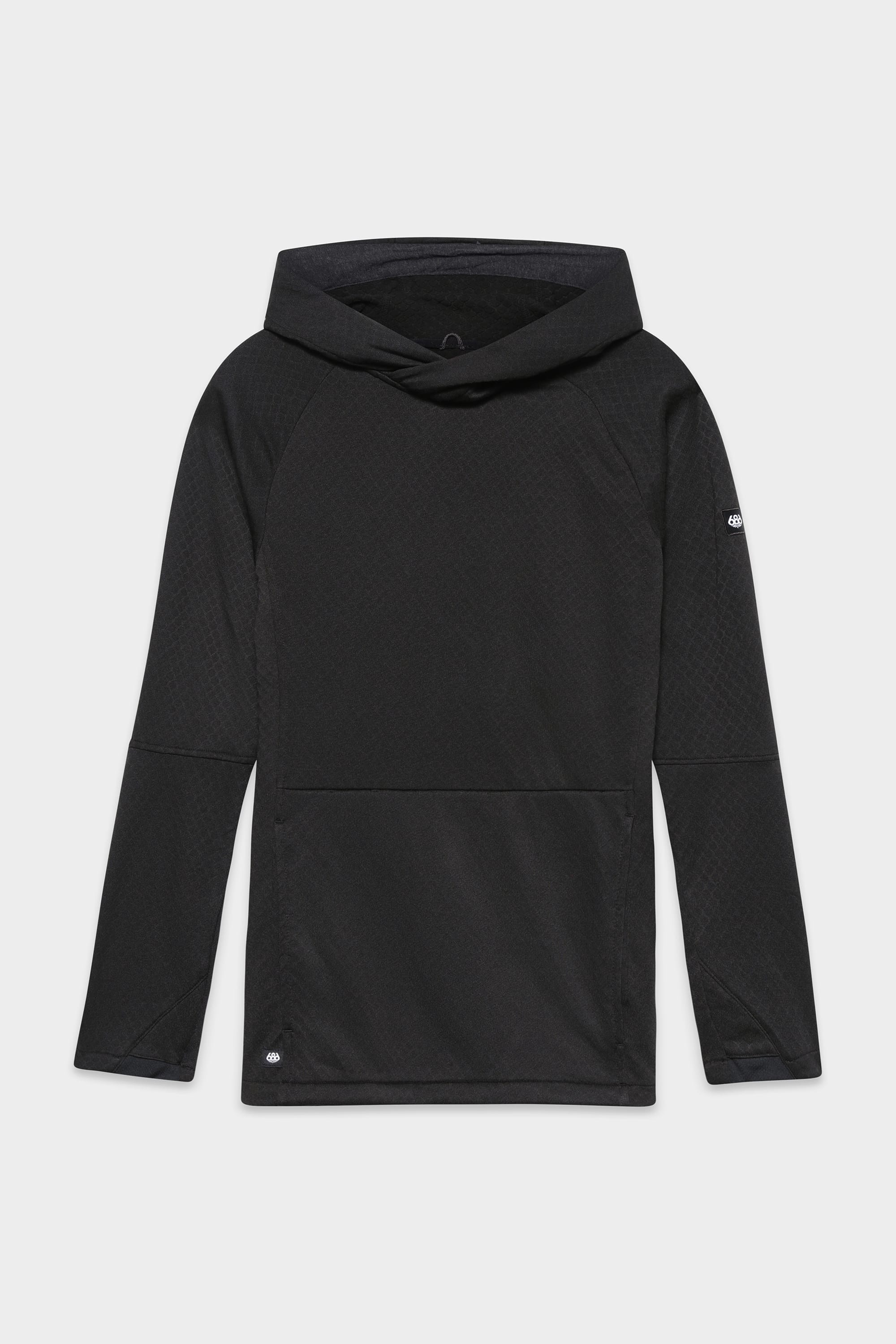 The 686 Women's Mission Gridª Fleece Hoody by 686 is a black, long-sleeve pullover featuring a hood, front kangaroo pocket, and subtle textured pattern, shown on a plain white background.